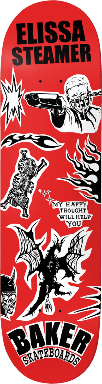 Baker Elissa Steamer Divine Evil skateboard deck: A red deck covered in black and white sticker-style images: a gas-masked figure aiming a shotgun, a winged dragon, flames, a skull and a skeletal animal, with a small 'my happy thought will help you' caption. Rider name at top, Baker logo at base.