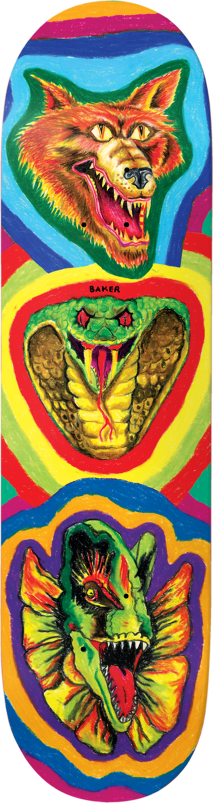 Baker Hawk Fried Beast skateboard deck: Three stacked painterly animal heads, a snarling wolf, a cobra and a frilled dinosaur, each in its own ring against a rainbow of concentric colour bands. Small Baker name between the first two.