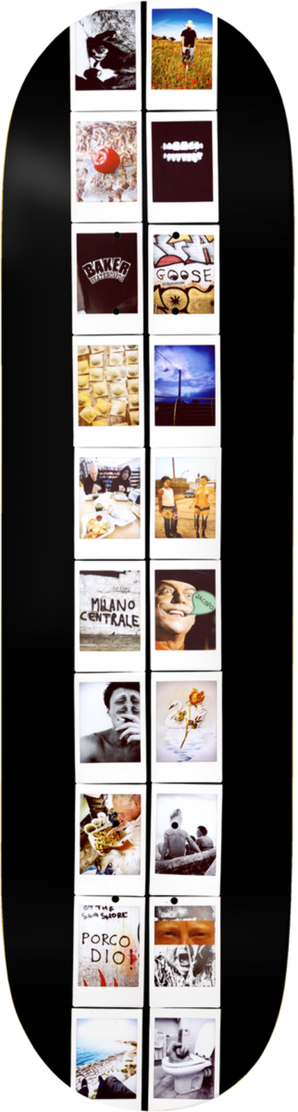 Baker Jacopo Carozzi Head On Collision skateboard deck: Two columns of instant-camera snapshot prints run down a black deck, showing a mix of everyday scenes, portraits, food, graffiti and handwritten notes such as Milano Centrale and Porco Dio.