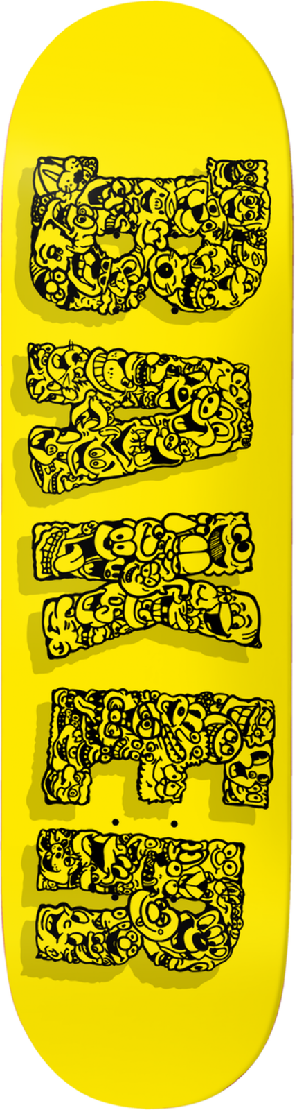 Baker Jacopo Carozzi Mercurials skateboard deck: Bright yellow deck with the Baker name spelled vertically in blocky black letters, each packed with tiny cartoon faces and characters, with a soft yellow drop shadow.
