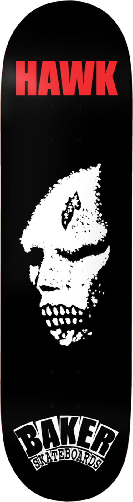 Baker Riley Hawk Craters Of The Skull skateboard deck: Black deck with a high-contrast white, stippled skull face with a crack on its forehead. A red HAWK name sits at the nose and the Baker Skateboards logo in white at the tail.