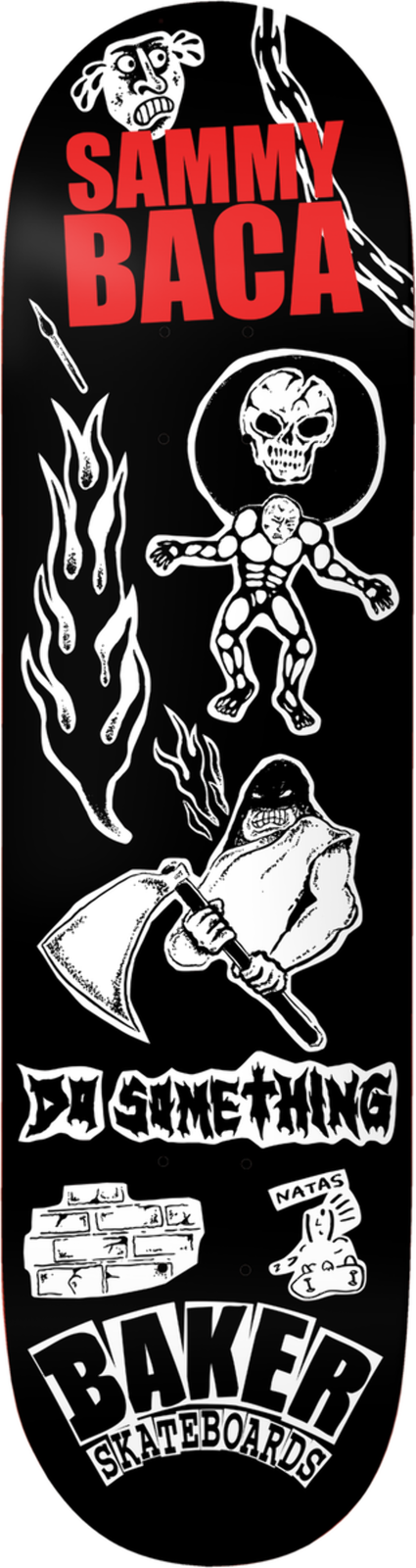Baker Sammy Baca Divine Evil skateboard deck: Black deck covered in white line-drawn doodles: a skull-headed wrestler, a hooded axe-wielding reaper, flames, a chain, bricks and a small rabbit. Do Something in the middle, and the Baker Skateboards logo at the tail.