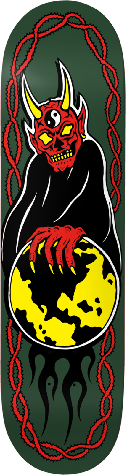Baker T-Funk World Control skateboard deck: Red horned devil with a yin-yang third eye and black robes, gripping a yellow and black globe. A barbed-wire border in red frames a dark green deck.