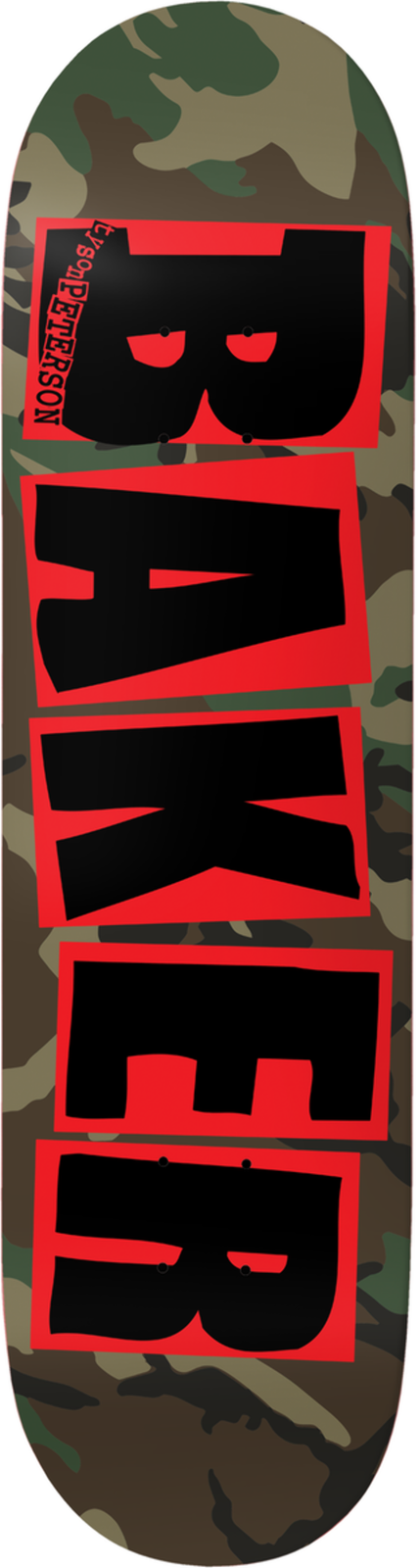 Baker Tyson Peterson Camo skateboard deck: Large black Baker lettering outlined in red, stacked down the deck over a woodland camouflage pattern. Rider's name runs vertically in the top corner.