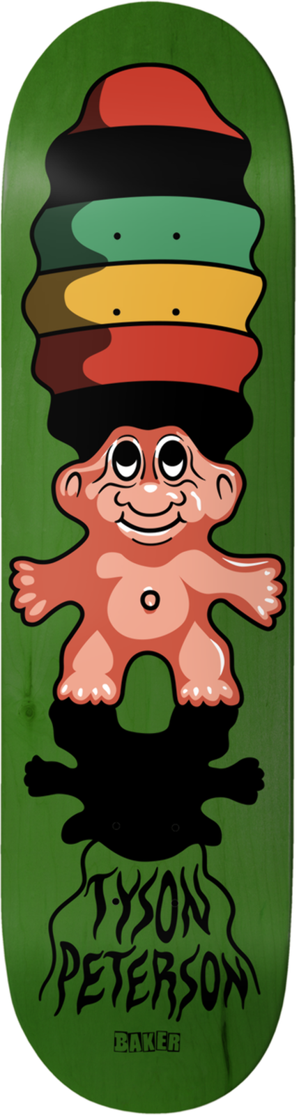 Baker Tyson Peterson Trollsafari skateboard deck: Smiling pink troll doll with stretched arms, wearing a tall striped hat in red, green, yellow and black, with a black shadow beneath him dripping into the rider's name, on a green deck.