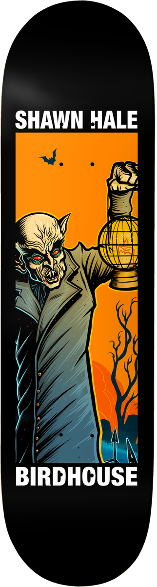 Birdhouse Hale Second Life skateboard deck: An illustrated vampire-like Nosferatu figure in a long coat holding up a lantern, with a bat and bare trees against an orange sky, in a panel on black. Rider name above and brand below in white capitals.
