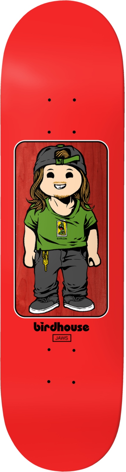 Birdhouse Jaws Toybox skateboard deck: Toy-box style figure of a long-haired, bearded skater in a backwards cap, green T-shirt and dark trousers, framed in a rounded rectangle on a wood-grain panel. Birdhouse and Jaws labels below, on a red deck.
