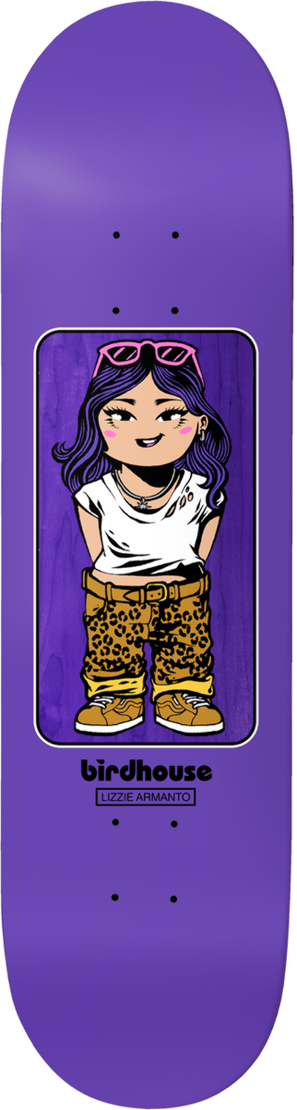 Birdhouse Lizzie Armanto Toybox skateboard deck: Toy-box style figure of a long-haired girl in a white T-shirt, pink sunglasses on her head and leopard-print trousers, framed in a rounded rectangle on a purple panel. Birdhouse and name labels below.