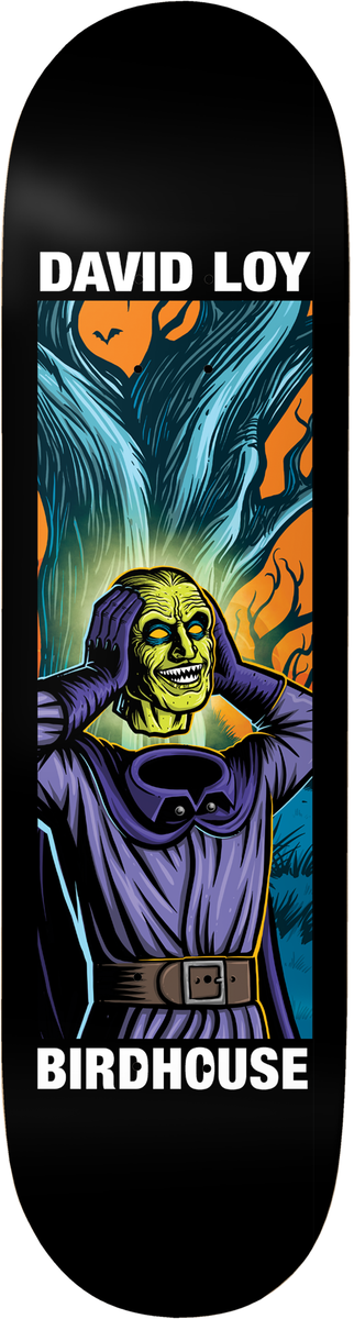 Birdhouse Loy Second Life skateboard deck: A green-faced, grinning figure in a purple cloak clutches his head in front of twisted blue and orange trees, in a panel on black. Rider name above and brand below in white capitals.