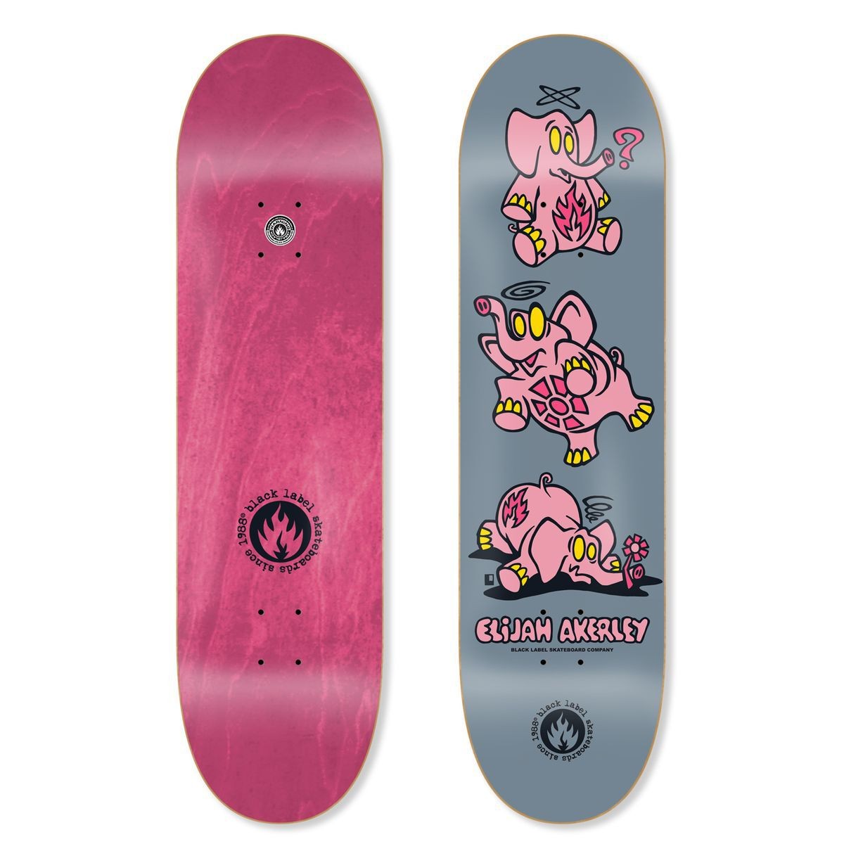 Black Label Elijah Akerley Pink Elephants skateboard deck: Three stacked cartoon pink elephants with yellow eyes and toes, shown dizzy, upside down and flat on the ground, on a slate grey deck. Rider name below, Black Label flame logo at bottom; photo also shows the pink-stained underside.