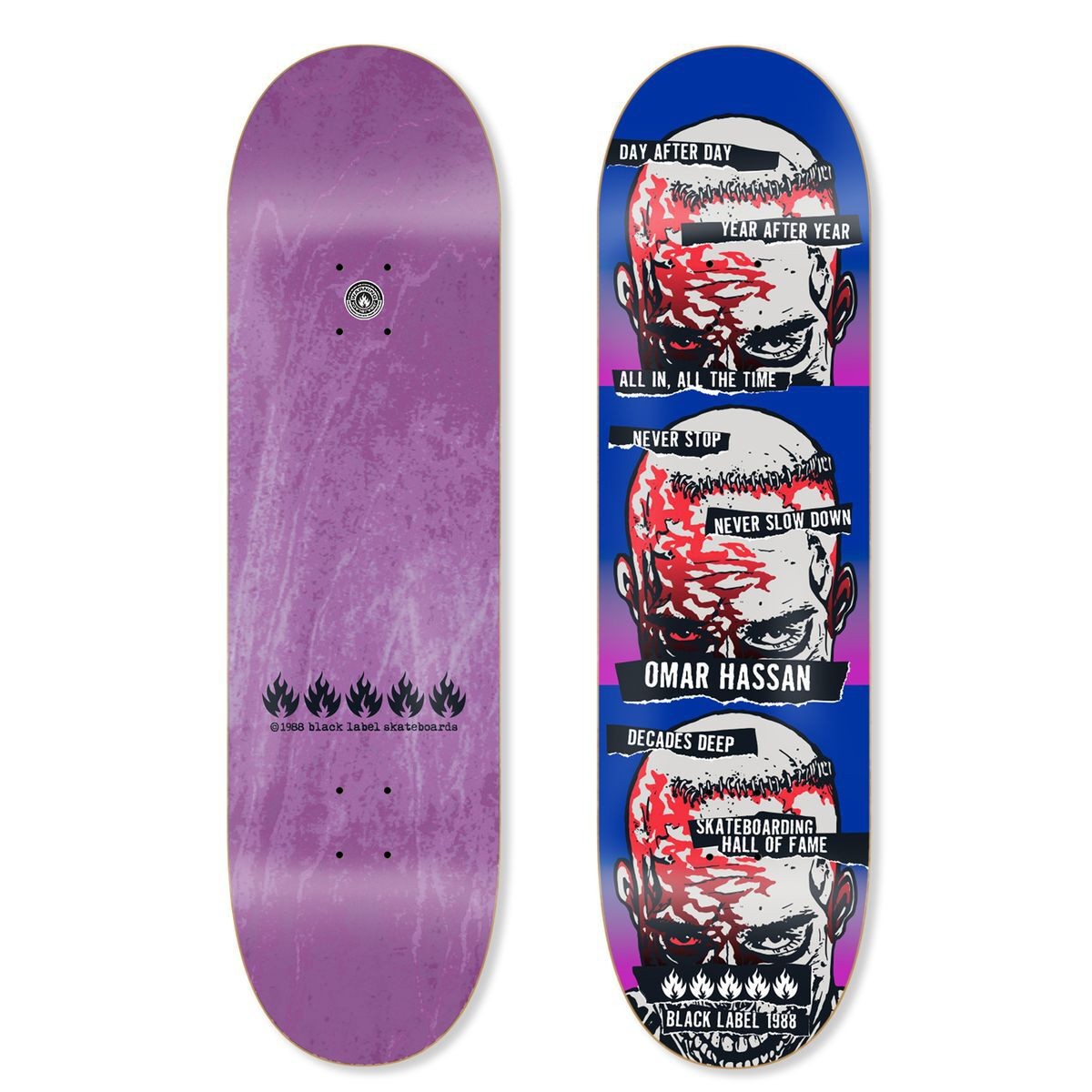 Black Label Hassan Never Stop Shof Edition skateboard deck: Three stacked grey bald heads with bloody scarring and glaring eyes, overlaid with black torn-tape strips of slogans, on a blue to pink gradient. Black Label flame logo row at the bottom. Photo also shows the purple underside.