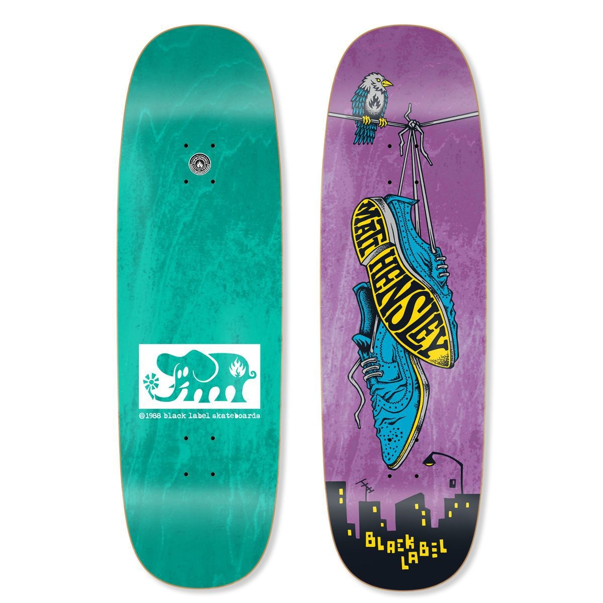 Black Label Matt Hensley Wingtips Tugboat skateboard deck: Two views of the deck. The top shows a pair of blue brogue shoes hanging by their laces from a wire, with a bird perched above and a city skyline below, on purple. The underside is teal with a white elephant logo panel.