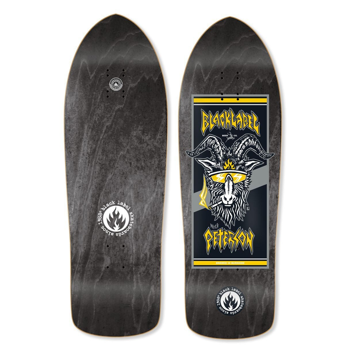 Black Label Nick Peterson Burnside Brew skateboard deck: Rectangular beer-label panel showing a goat head in yellow sunglasses with a cigarette, framed in yellow and grey stripes with metal-style lettering. Black Label flame logo below, on a black-stained old-school shape; bottom side shown too.