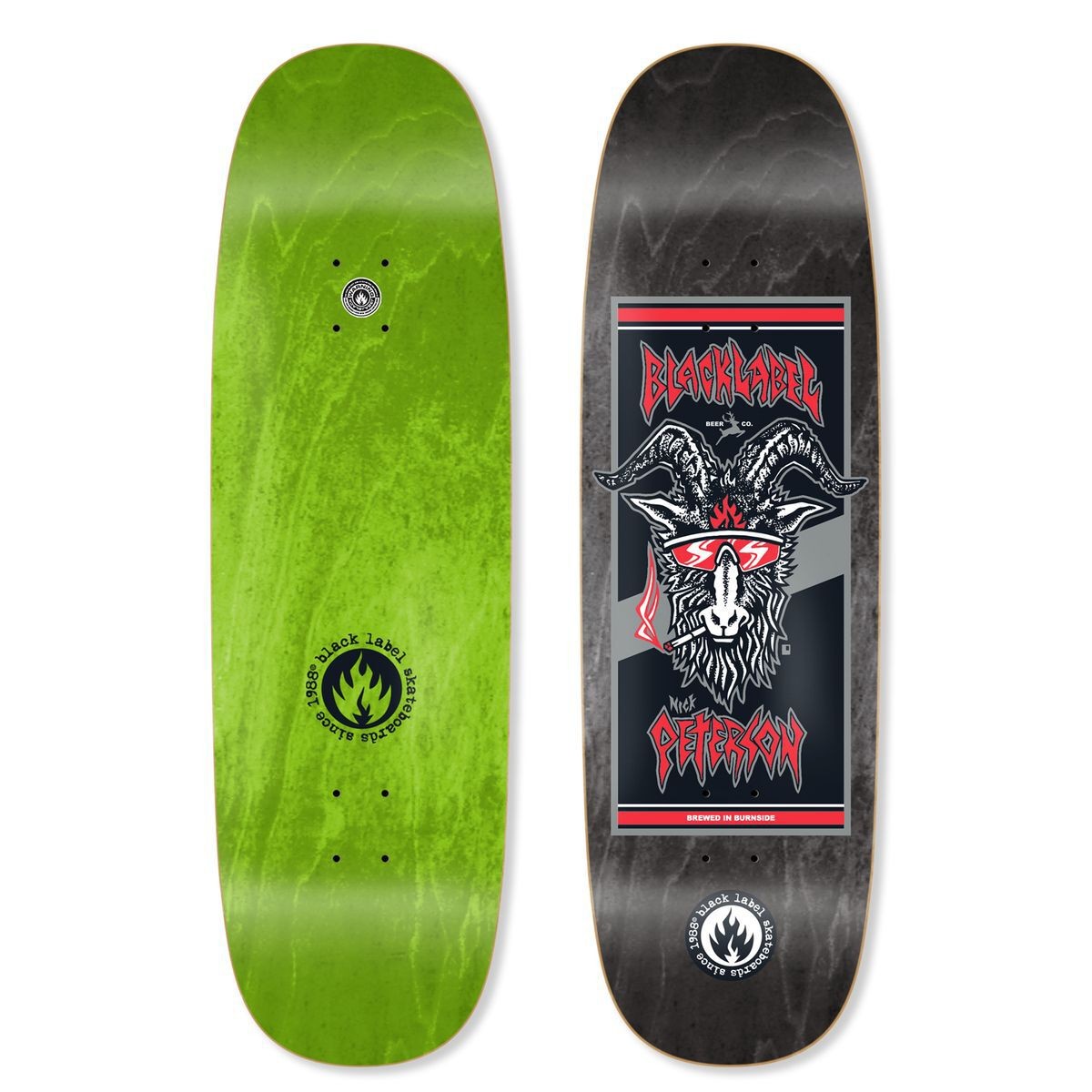 Black Label Nick Peterson Burnside Brew Tugboat skateboard deck: Beer-label panel with a goat head in red sunglasses smoking a cigarette, framed in red and grey stripes with metal-style lettering. Black Label flame logo below, on a black stain; green bottom shown beside.