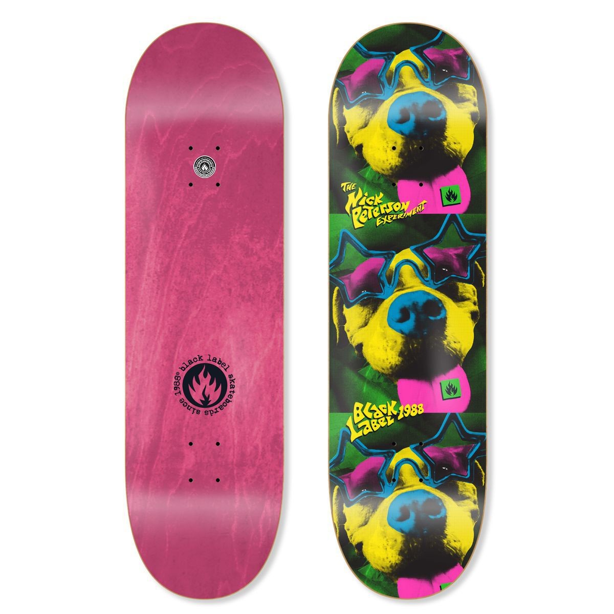 Black Label Nick Peterson Experiment skateboard deck: Repeated pop-art photo of a dog's face wearing star-shaped sunglasses, tongue out, in yellow, pink and blue tones on green, with the name and Black Label 1988 in yellow lettering. Pink stained underside shown.