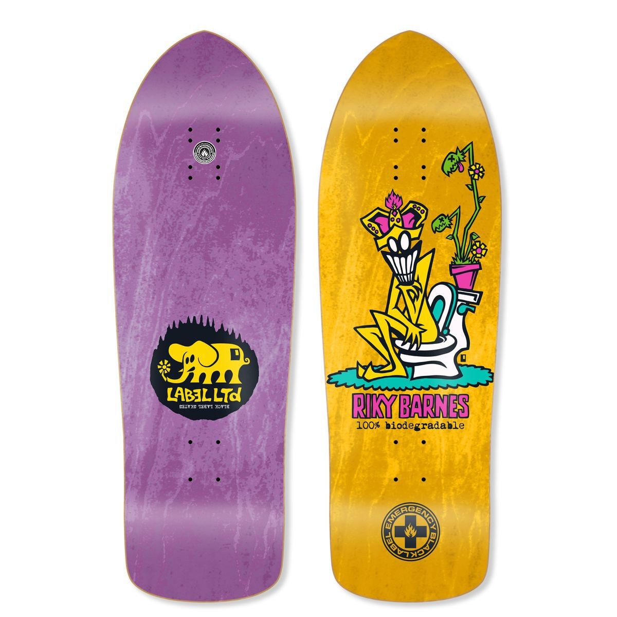 Black Label Riky Barnes 100% Biodegradable skateboard deck: Cartoon yellow figure in a pink crown sitting on a toilet, with a potted flowering plant beside it, on a yellow-stained old-school shaped deck. The underside has a Label Ltd elephant logo on purple stain.