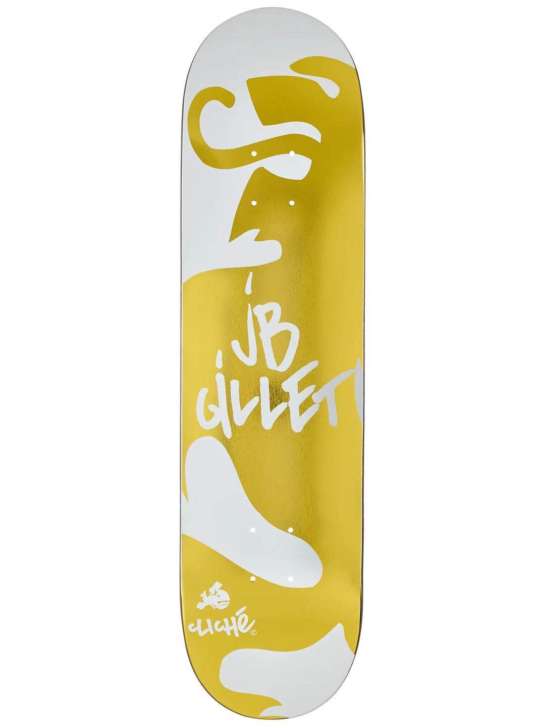 Cliché Cliché Jb Gillet Lyon skateboard deck: Gold foil and white deck with an abstract, brush-drawn shape that suggests a face in profile and a curling tail. Rider name 'JB Gillet' is handwritten in white across the middle, with the Cliché logo at the bottom.