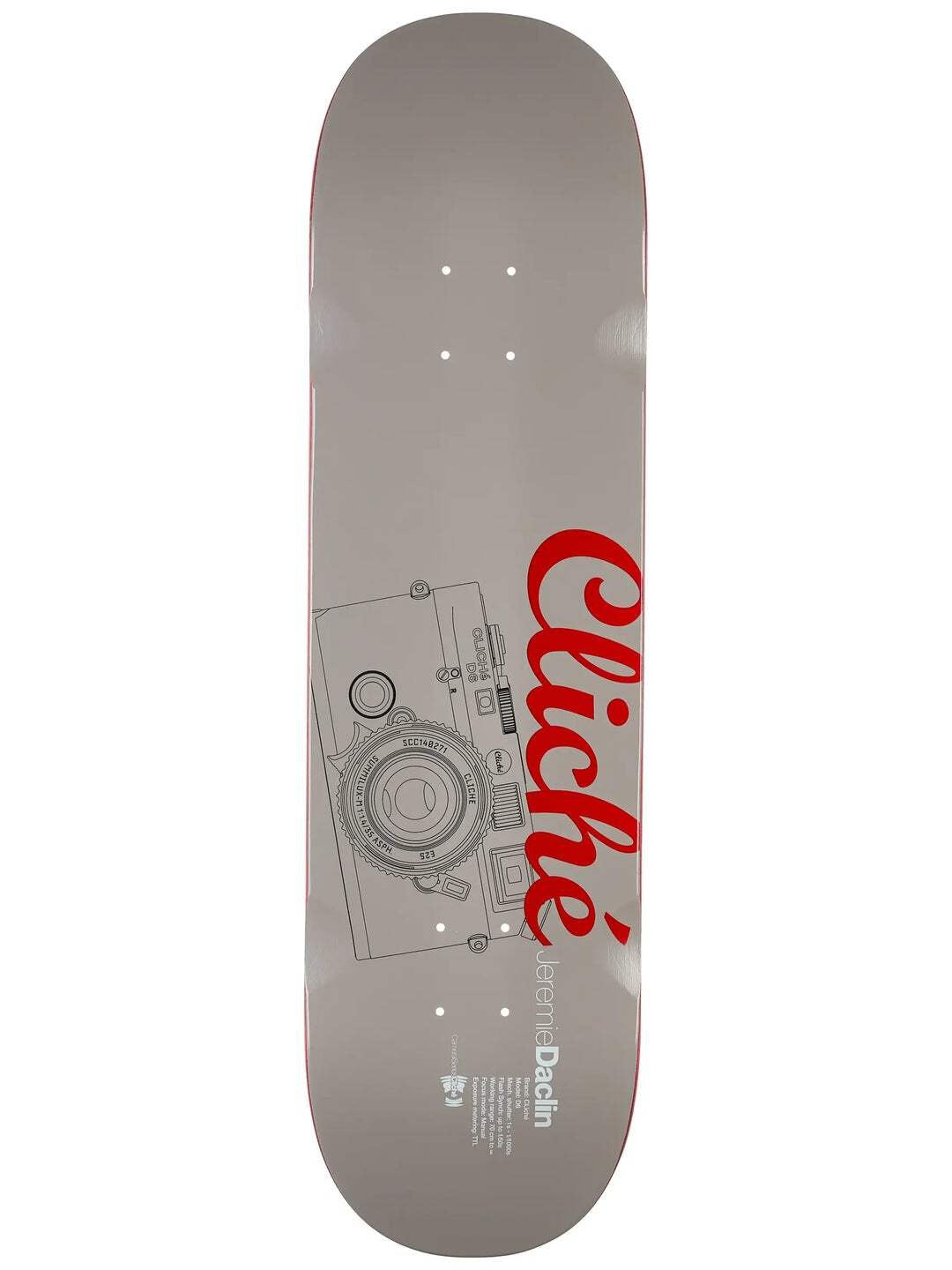 Cliché Cliché Jeremie Daclin Camera skateboard deck: Grey deck with a black line drawing of a rangefinder camera on the lower half, with a large red script Cliché logo and the rider name in grey text alongside.