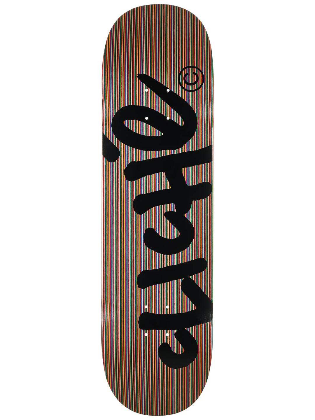 Cliché Cliché V-Ply Construction skateboard deck: Large black handwritten-style Cliché logo running down the deck over a veneer of thin multicoloured vertical stripes. A small circular emblem sits near the top right.