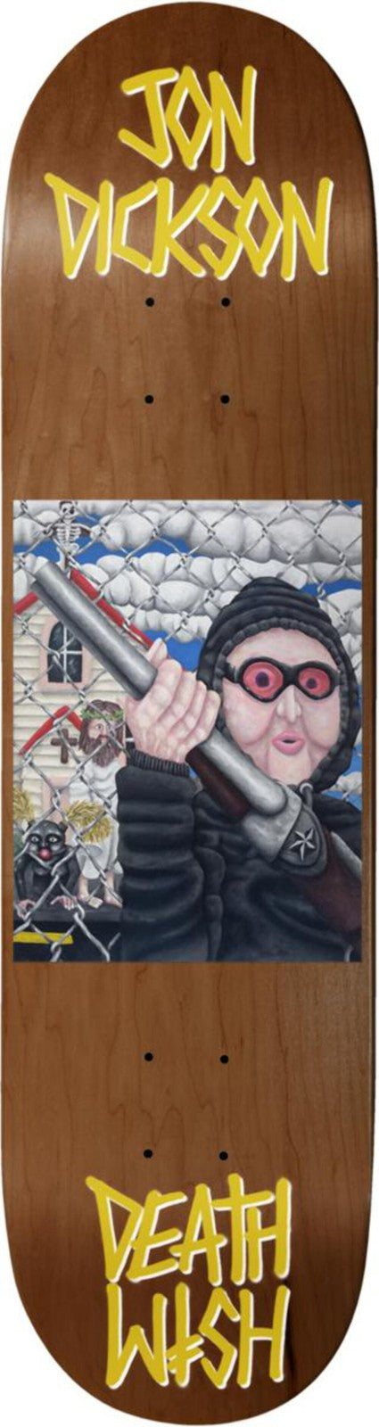 Deathwish Dickson All Screwed Up skateboard deck: Painting of a hooded figure in red-rimmed goggles aiming a large rifle past a chain-link fence, with a house and ghostly figures behind. Yellow Jon Dickson lettering is at the top and the Deathwish logo at the foot of a brown wood-stained deck.