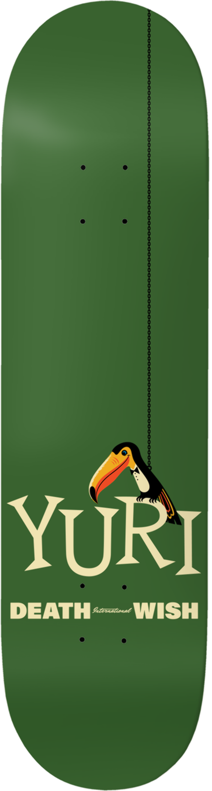 Deathwish Facchini Tropipop skateboard deck: Plain dark green deck with a toucan hanging from a thin vertical line near the bottom, above 'Yuri' in large cream serif capitals and the Deathwish logo.