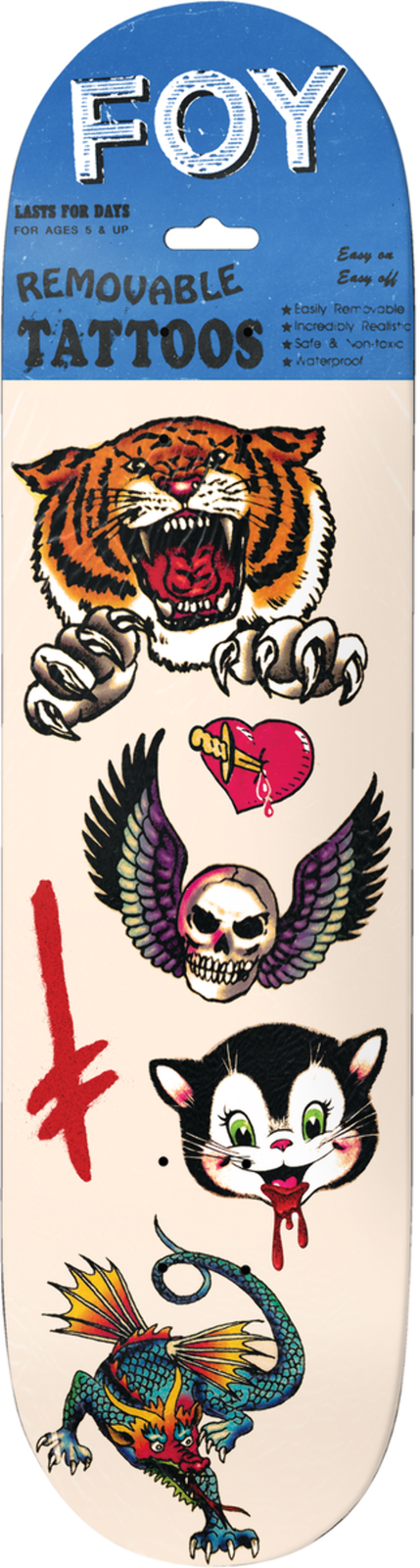 Deathwish Jamie Foy Tattoos skateboard deck: Parody of a removable tattoo packet: blue header with the rider name on a cream deck, showing a roaring tiger, a dagger heart, a winged skull, a bleeding cartoon cat, a dragon and a red inverted cross.