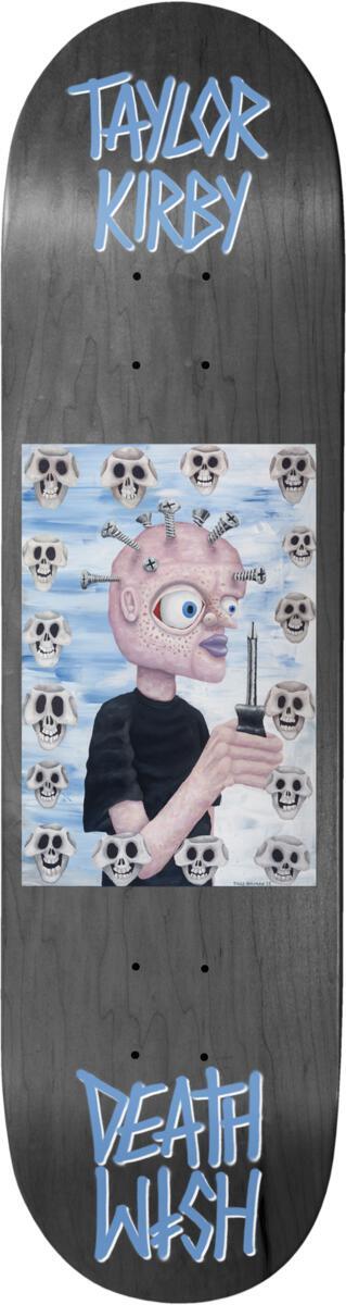 Deathwish Kirby All Screwed Up skateboard deck: A framed painting of a pink-skinned figure with screws and a screwdriver in its head, holding a screwdriver, against a pale blue background full of small grey skulls. Blue brush lettering at top and bottom on a grey-black deck.