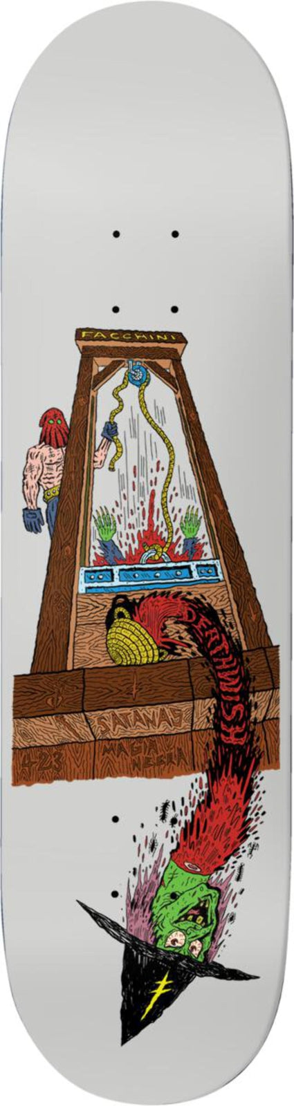 Deathwish Yuri Deathwitch Trials skateboard deck: A hand-drawn guillotine with a bloody blade and a masked executioner beside it, while a green-faced witch in a black hat is shown upside down trailing down the deck. Deathwish lettering runs along the red tail.
