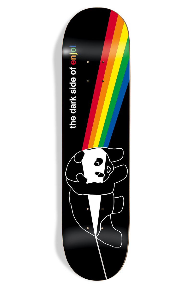 Enjoi Darkside Panda R7 skateboard deck: Parody of a famous prism album cover: a white-outlined panda on black with a rainbow beam streaming from its head, and the title running up the deck in white lettering.