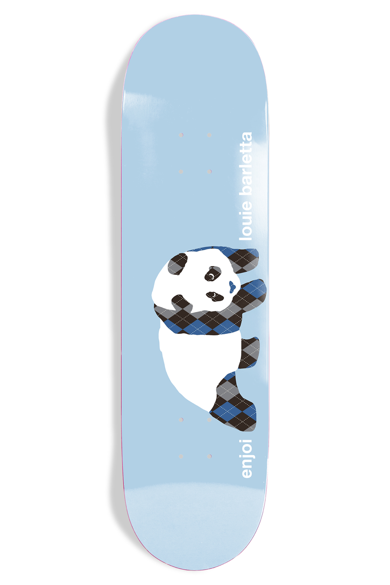 Enjoi Louie Barletta Argyle Panda R7 skateboard deck: Enjoi panda drawn with argyle-patterned ears, arms, legs and scarf in blue, black and grey, on a pale blue deck. Rider name and brand are printed vertically beside it.