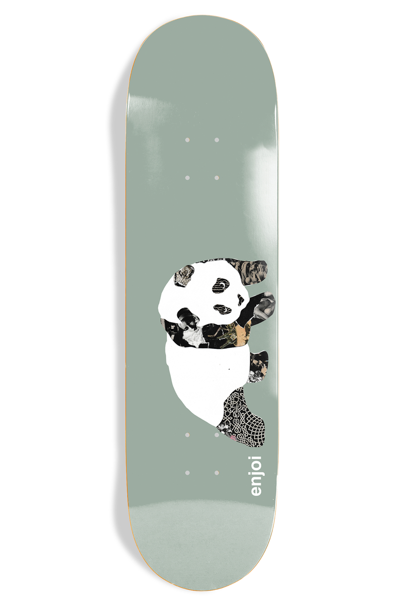 Enjoi Collage Panda R7 skateboard deck: A panda made of collaged black and white photographic and pattern cut-outs on a sage grey-green deck. The enjoi name runs up the tail in small white lettering.