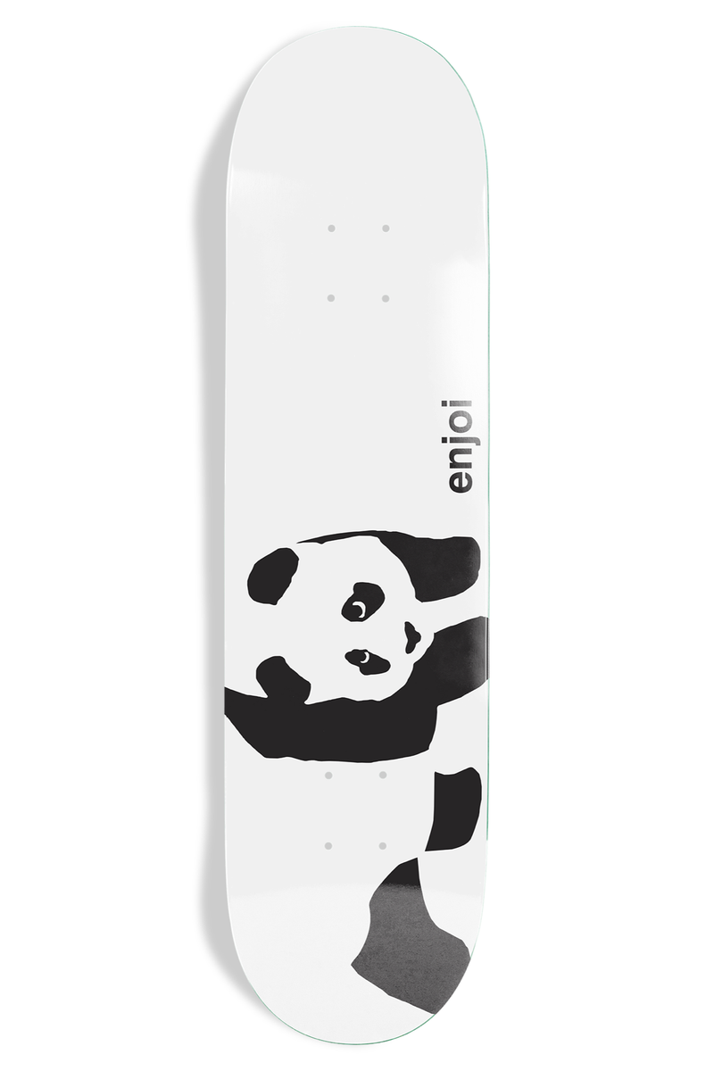 Enjoi Whitey Panda R7 skateboard deck: The Enjoi panda, drawn in black on a plain white deck, peeking in from the side with one raised arm. The word enjoi is printed vertically in black above it.