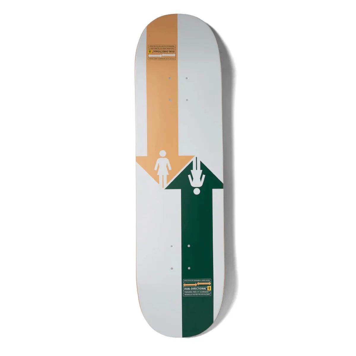Girl Mccrank Dual Directional Twin skateboard deck: A pale grey deck with an orange arrow pointing down and a green arrow pointing up, each containing a white Girl logo figure (one upside down), plus small Dual Directional warning labels at each end.