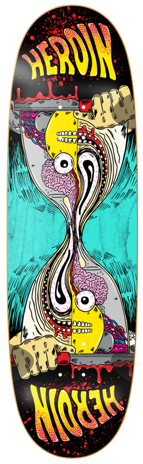 Heroin Merged Anatomy Egg skateboard deck: Egg-shaped deck with a symmetrical hourglass design of two yellow screaming heads with exposed brains and bulging eyes, merged at the middle and gripped by hands. HEROIN lettering at both ends, one mirrored, with blood drips.