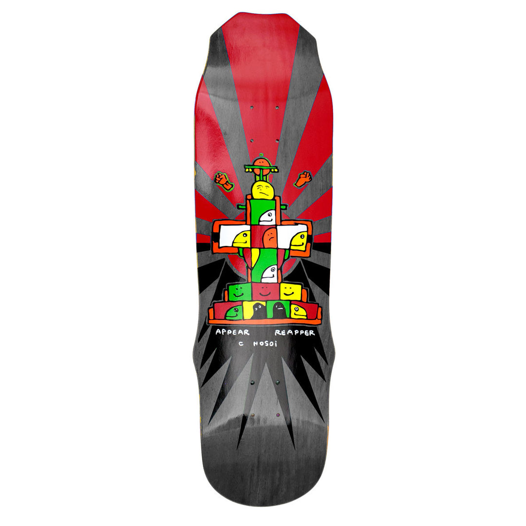 Hosoi Mark Gonzales Gonz 93 skateboard deck: Naive, hand-drawn totem of stacked cartoon faces and blocks in red, green, yellow and white, topped by a small figure and flanked by raised fists, over a red and grey sunburst of rays. Handwritten caption below.