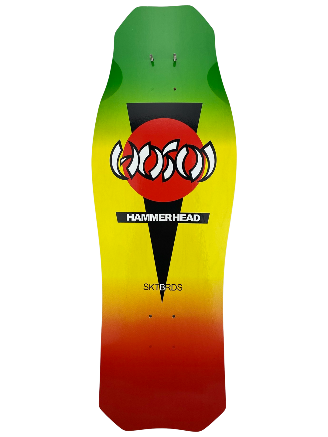 Hosoi O.G. Hammerhead Rasta skateboard deck: Rasta-faded green, yellow and red deck in the Hammerhead shape, with a black downward triangle, a red circle, and the white Hosoi claw logo. A black HAMMERHEAD bar and SKTBRDS text sit below.