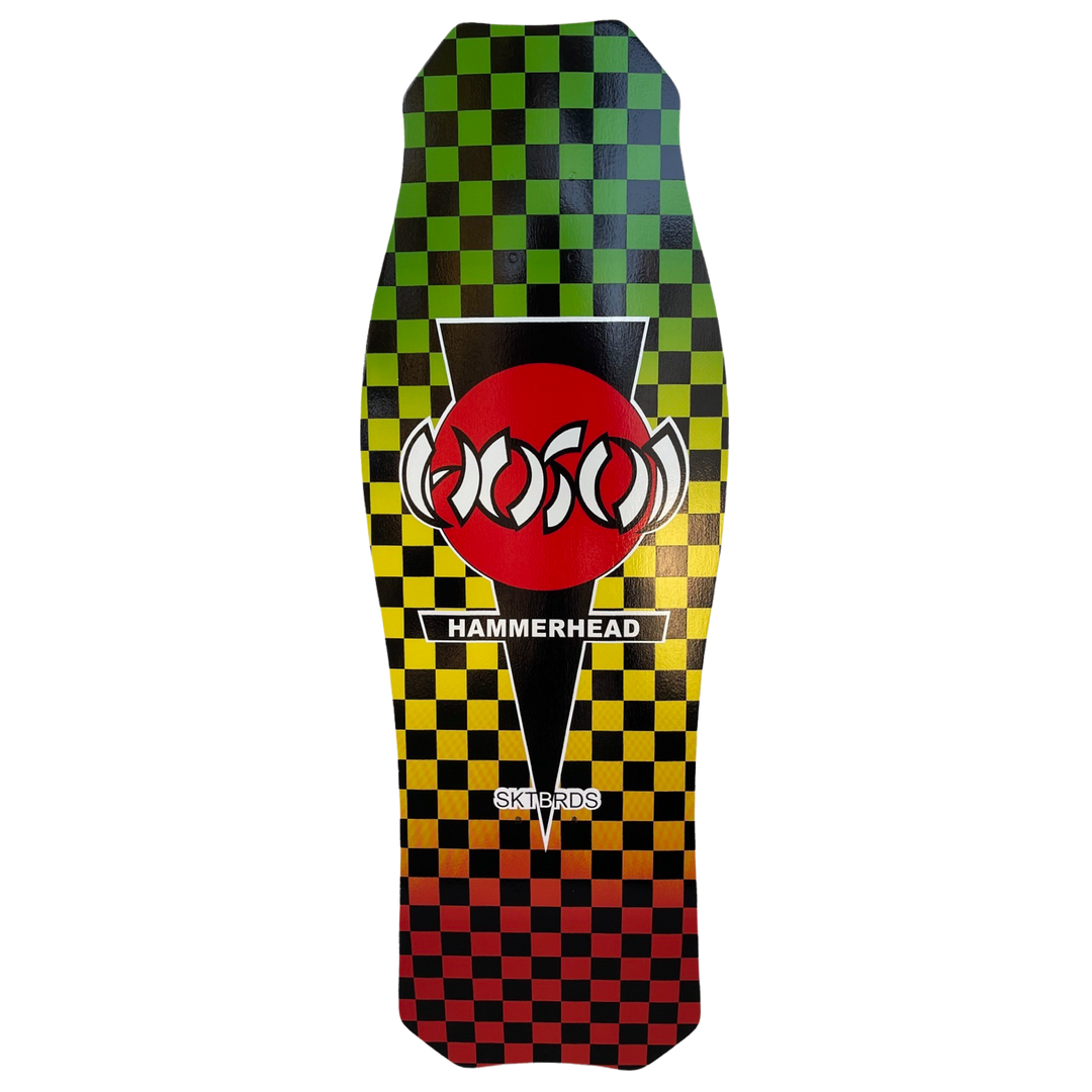 Hosoi O.G. Hammerhead Rasta Checkerboard skateboard deck: Old-school shaped deck with a checkerboard fading from green through yellow to red, with a black downward triangle carrying a red circle with the Hosoi logo, a 'Hammerhead' banner and 'SKTBRDS' below.