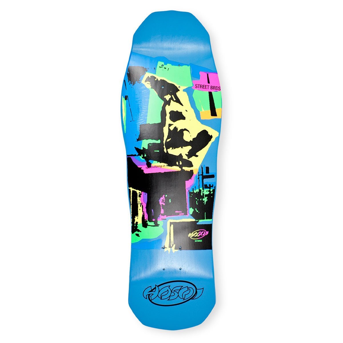 Hosoi Pop Art 87 skateboard deck: Pop-art collage in black, with fluorescent green, pink and yellow blocks, of a figure in a hooded top seated by a cross and city silhouettes. Small Street Brds and Hosoi logos sit on a blue-stained shaped deck.