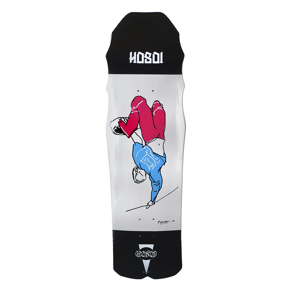 Hosoi Team: Handplant Series Christian skateboard deck: Loose line drawing of a skater in a red trousers and blue top performing a handplant, upside down on a white central panel, with black nose and tail sections carrying the Hosoi logo and a small signature.