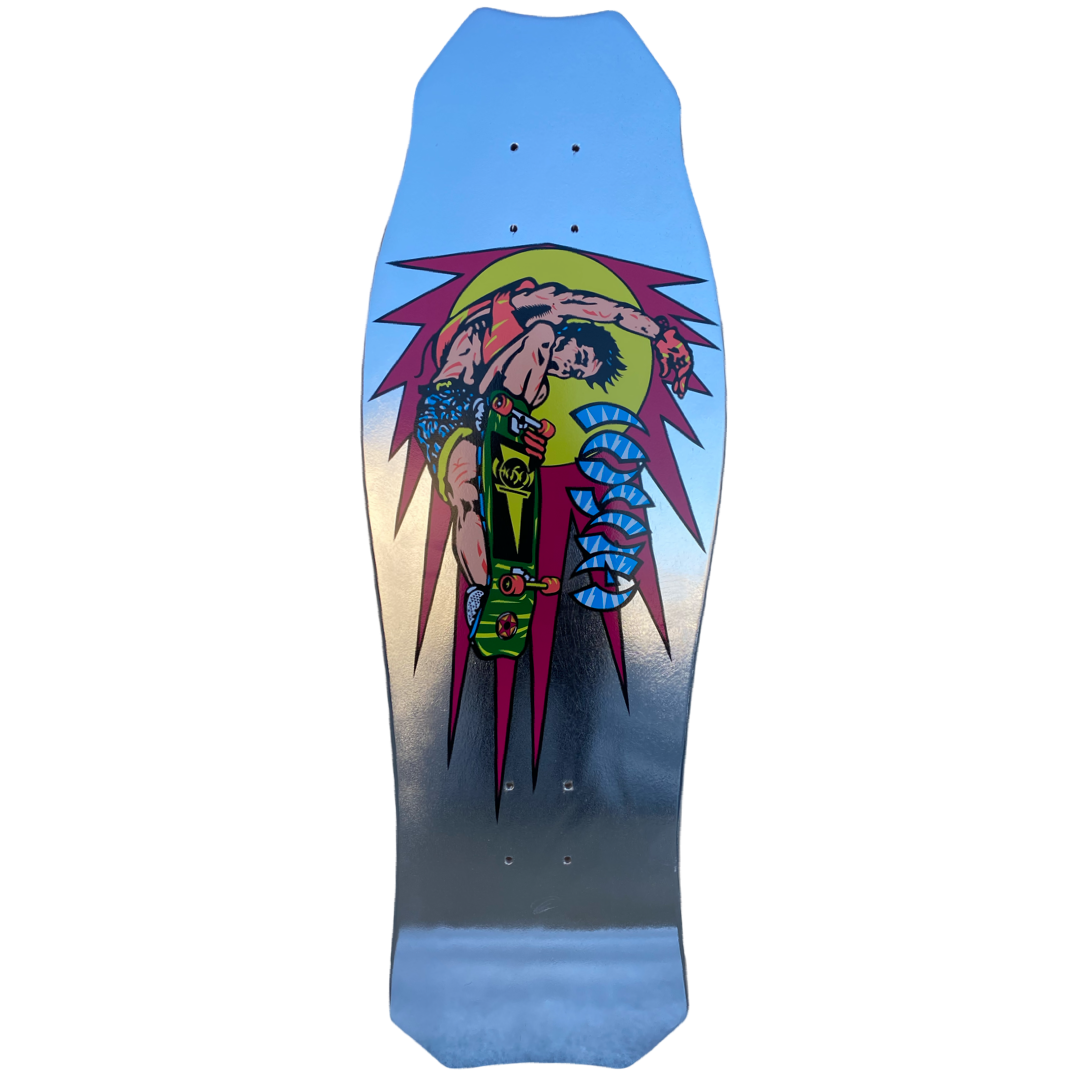 Hosoi Rocket Air Silver Foil skateboard deck: Illustration of a skater grabbing a green board in a mid-air handplant-style pose, in front of a yellow sun and magenta spiked burst, with stylised blue lettering beside it. Mirror silver foil base and old-school shape.