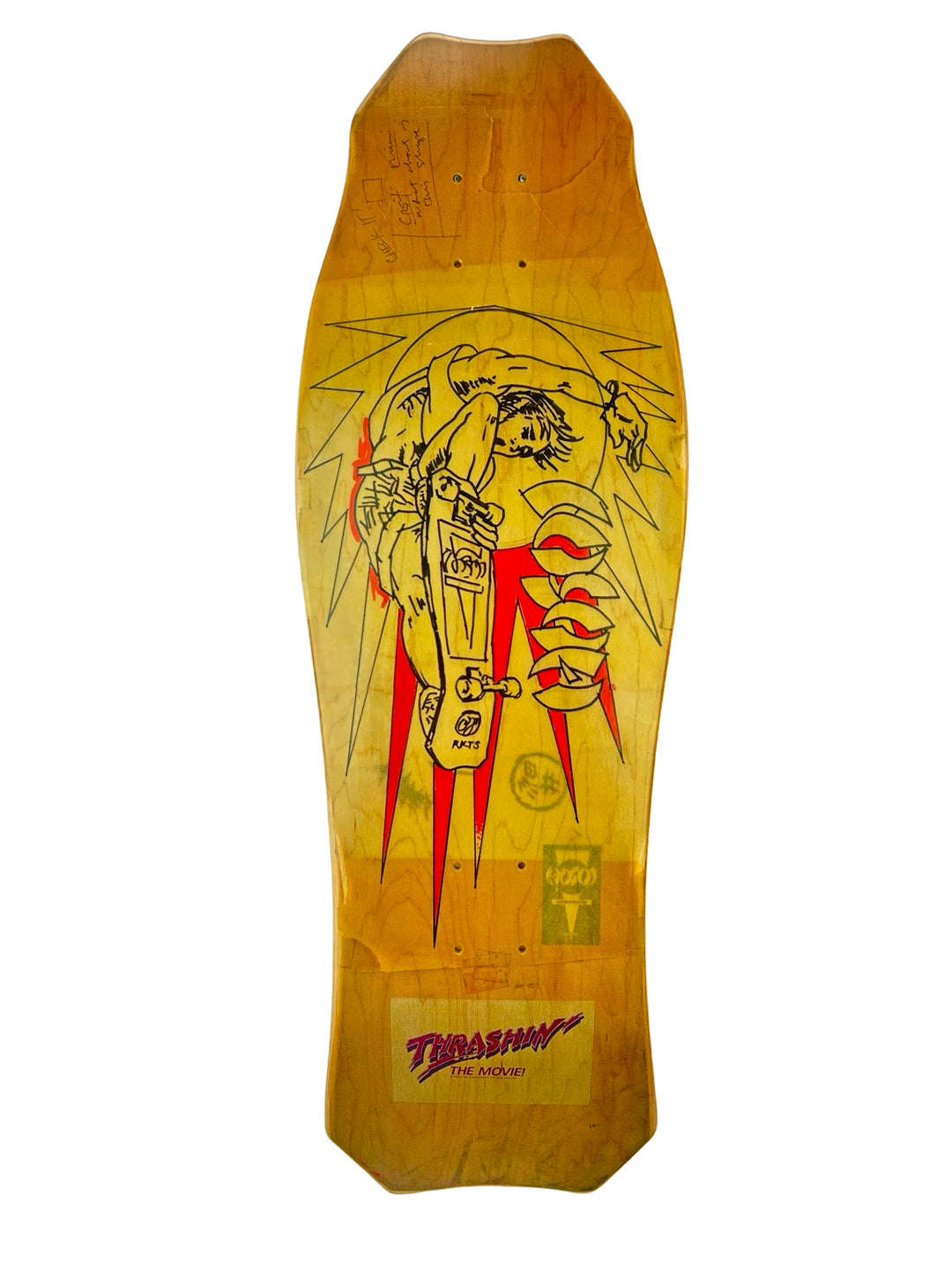 Hosoi Sketch Air skateboard deck: Black line drawing of a skater grabbing a board in a backflipping air, framed by spiky rays and red bolt shapes, on a yellow-stained shaped deck. A Thrashin' The Movie sticker sits near the tail, and there are signatures at the nose.