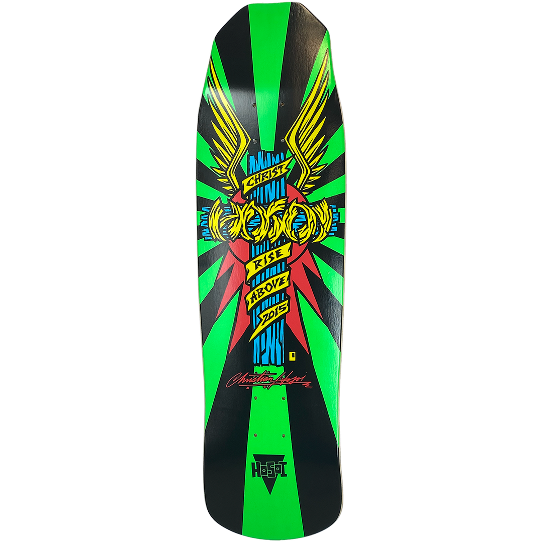 Hosoi Wings Art By John Lucero skateboard deck: A winged cross wrapped in a banner reading Christ Rise Above 2015, with sunburst rays in neon green, red and black. Red signature and a small triangular logo sit near the bottom.