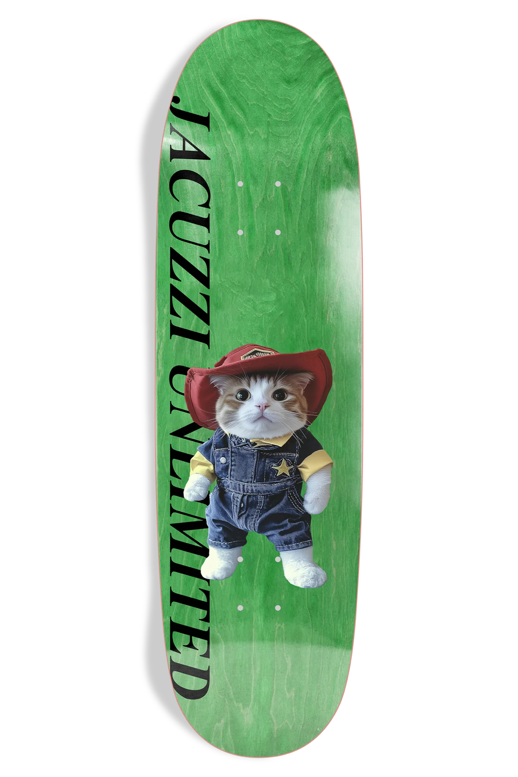 Jacuzzi First Rodeo Ex7 skateboard deck: Photo-style kitten dressed as a sheriff in denim overalls, yellow shirt, star badge and red cowboy hat, standing on a green-stained deck. Brand name in black capitals runs vertically down the left.