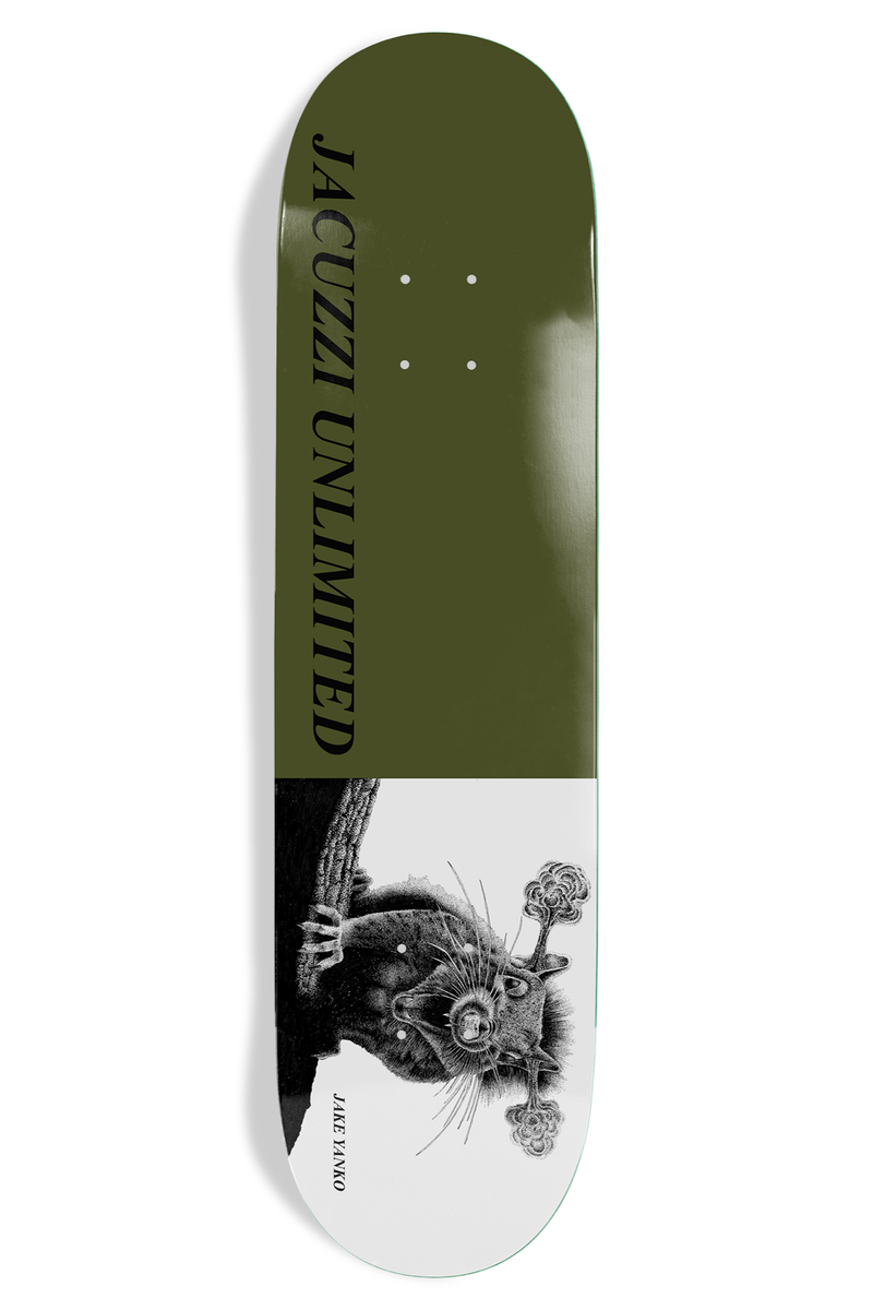 Jacuzzi Jake Yanko Rabid skateboard deck: Split design with an olive green top carrying vertical Jacuzzi Unlimited lettering and a white lower section showing a black and white drawing of a squirrel with a flower-like growth on its head, with Jake Yanko in small type.
