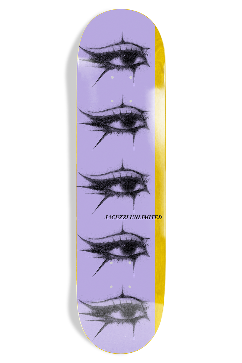 Jacuzzi Jet Ski Eyes skateboard deck: Five heavily lined eyes with sharp eyeliner flicks stacked down a lilac deck, with a yellow stripe along one side and small Jacuzzi Unlimited text.