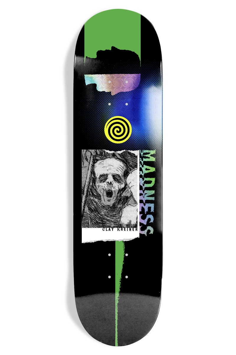 Madness Clay Kreiner Howling skateboard deck: Black deck with a collage of a torn engraving of a screaming skeletal figure captioned 'Clay Kreiner', a yellow and black spiral, a holographic torn strip and green paint bars. 'MADNESS' runs vertically in iridescent lettering.