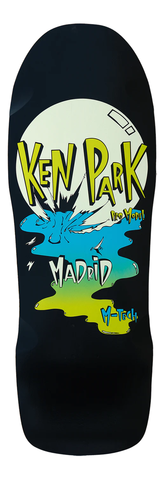 Madrid Ken Park Crystal Ball Glow In The Dark skateboard deck: Old-school shaped black deck with a large pale glow-in-the-dark moon or crystal ball, blue and green splash below, and 'Ken Park Pro Model', 'Madrid' and 'M-Tech' in lime lettering.