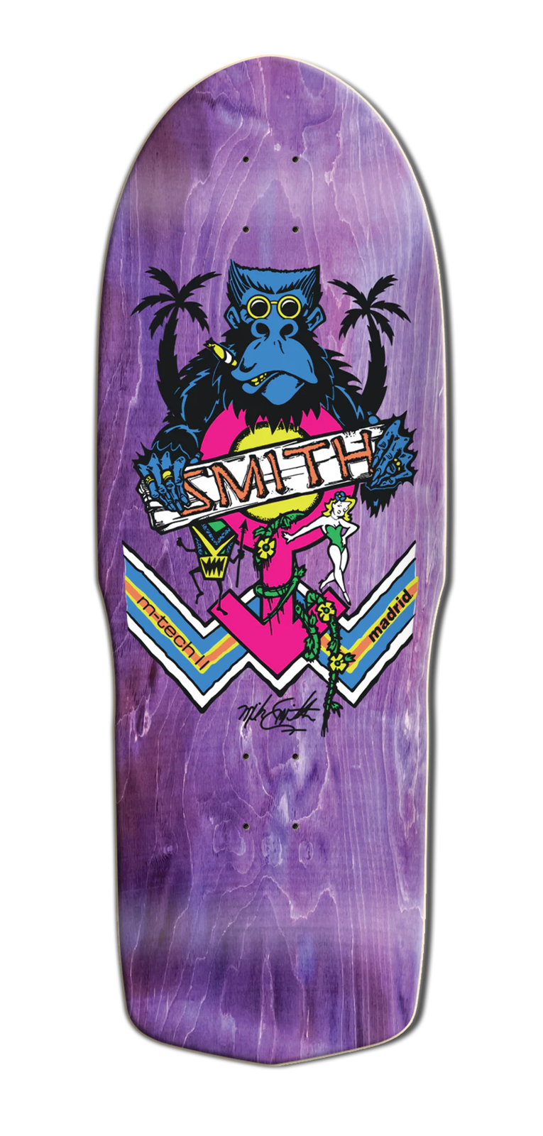 Madrid Mike Smith Ape Purple Stain Ultra skateboard deck: Old-school shaped deck showing a blue gorilla in sunglasses smoking, between two palm trees and holding a 'Smith' banner, with a pin-up woman in a pink circle and chevron stripes. Signature and Madrid logo included.