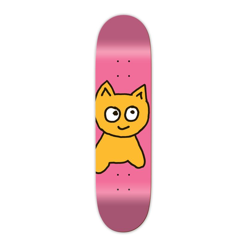 Meow Team Big Cat Mini skateboard deck: Large crudely drawn orange cat with big round eyes looking sideways and a small smile, outlined in black and peeking in from the left edge of a flat pink deck.