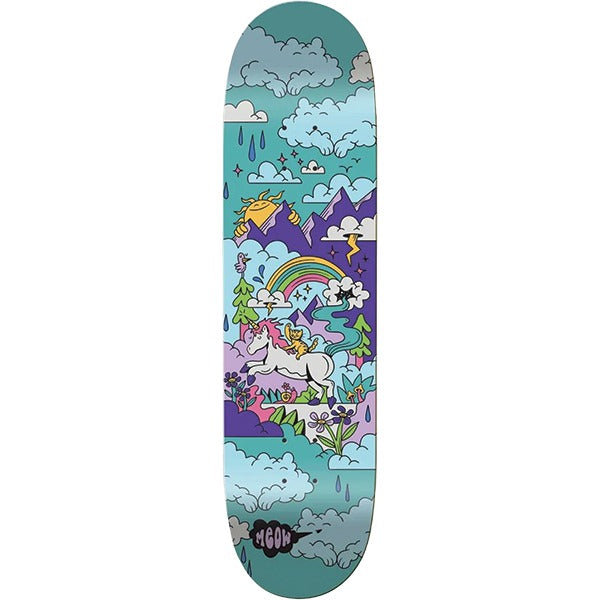 Meow Team Dream skateboard deck: Colourful cartoon dreamscape with a white unicorn and orange cat running past a rainbow, purple mountains, a smiling sun, pine trees, flowers and fluffy clouds, on a teal deck. Meow logo bottom left.